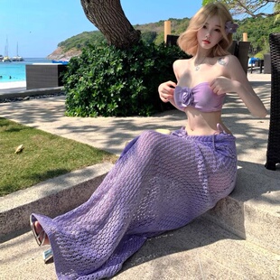 2025新款 比基尼绝美紫色分体泳衣女小胸聚拢性感纯欲风辣妹泡温泉