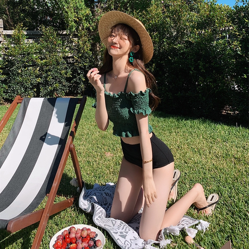 泳衣女夏2025新款ins保守遮肚显瘦性感一字肩吊带高腰温泉游泳装