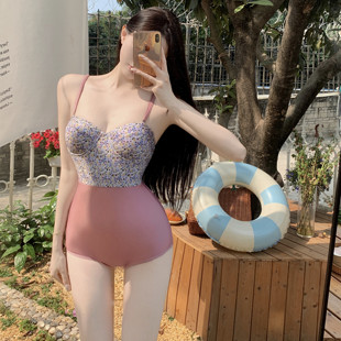 连体泳衣 露背无袖 TMOO 韩国ins吊带碎花小胸聚拢遮肉性感学生夏季