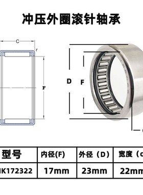 HK型无内圈滚针轴承     HK172322   7943/17     尺寸:17*23*22