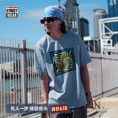 VISION官方 水洗磨破做旧复古印花图案圆领短袖T恤男女同款