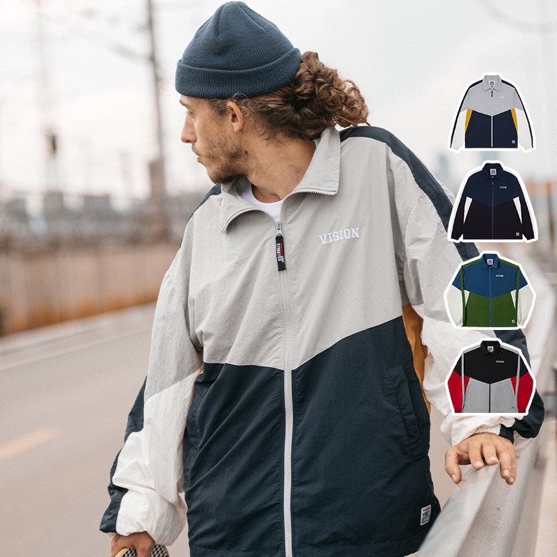 VISION官方  美式街头复古拼色教练夹克撞色拼接外套男女运动外套