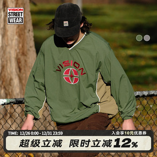 男女秋新款 VISION官方 V刺绣图案撞色V领球衣套头衫 复古EYE 美式