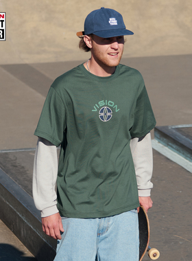 VISION官方 美式复古EYE-V印花假两件长袖圆领T恤