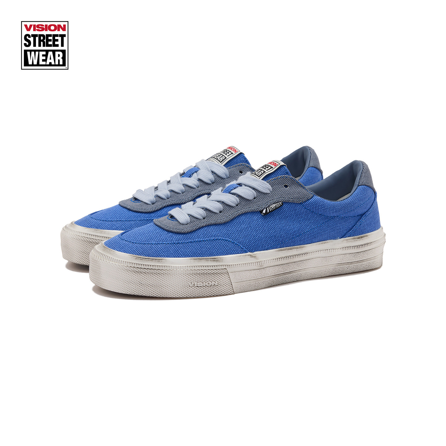 VISION官方 FLAT TOP水洗做旧落色蓝低帮帆布美式复古滑板鞋