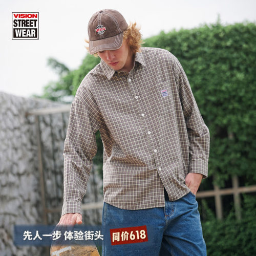 VISION官方 经典美式复古做旧双沙定织格纹工装长袖衬衫男女同款