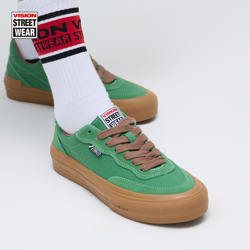 VISION官方 FLAT TOP绿色低帮经典翻毛皮帆布鞋男女街头滑板鞋
