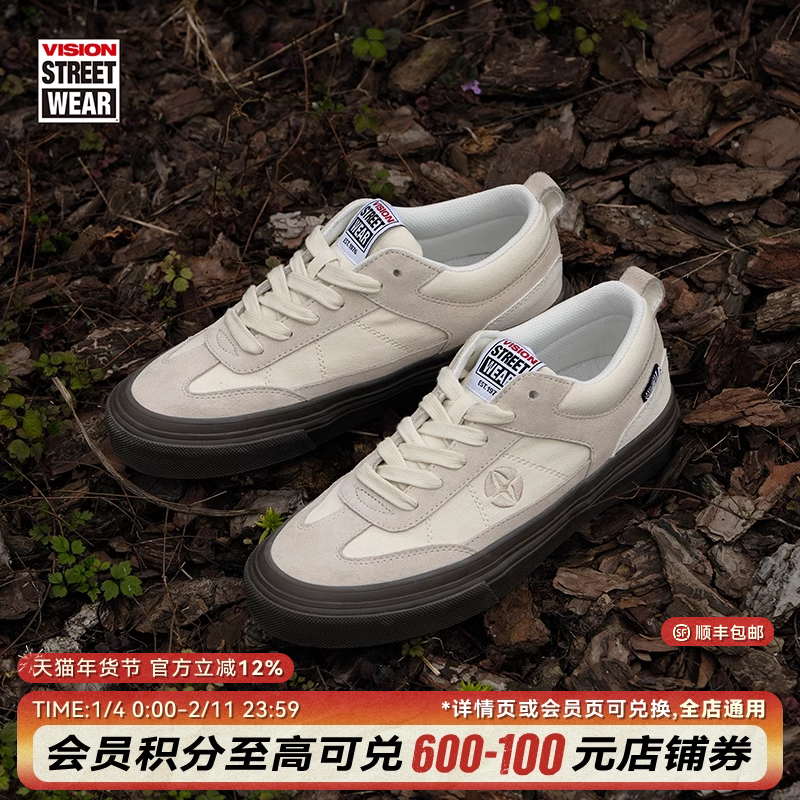 VISION官方 CHOPPER象牙白复古T字头反毛皮男女帆布鞋美式滑板鞋