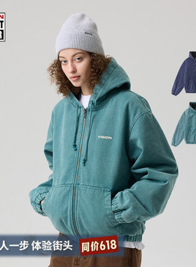 VISION官方 美式复古短款水洗做旧连帽棉服夹克外套男女2色可选