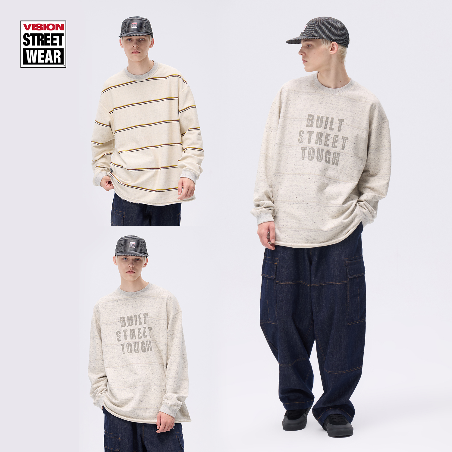 VISION官方 美式复古条纹双纱混织双面穿宽松针织卫衣