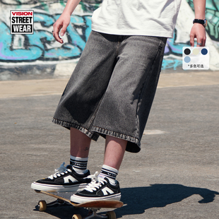 过膝短裤 街头西海岸风大宽松复古浅色7分牛仔中裤 美式 VISION官方