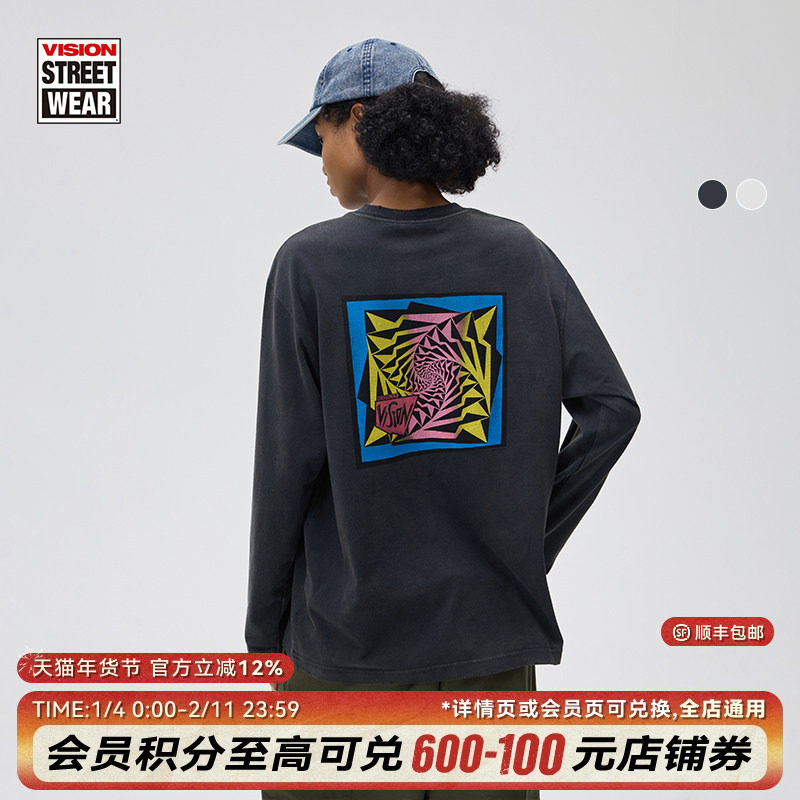 VISION官方 复刻历史图案美式复古磨破做旧vintage圆领长袖T恤2色,运动服/休闲服装,运动T恤,淘宝优惠券,粉丝福利购,淘宝优惠卷
