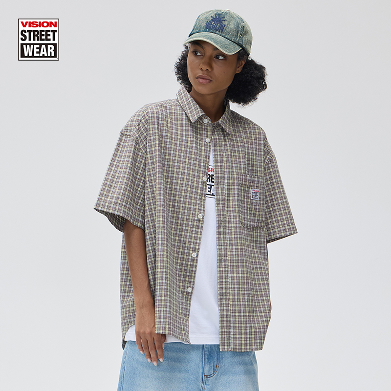 VISION官方 美式街头oldschool复古格纹宽松翻领短袖衬衫男女同款