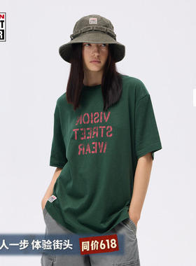 VISION官方 复古镜像印花透气竹节宽松圆领短袖T恤男女同款2色
