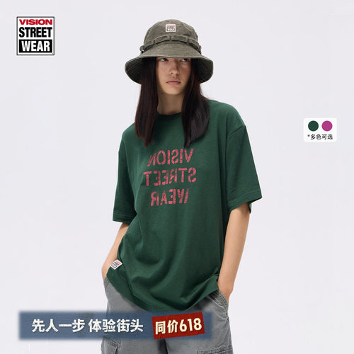 VISION官方 复古镜像印花透气竹节宽松圆领短袖T恤男女同款2色