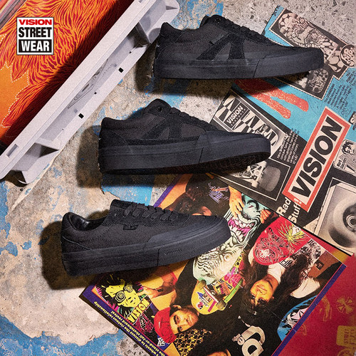 VISION官方 黑胶限定系列翻毛皮帆布鞋街头经典黑运动滑板鞋男女