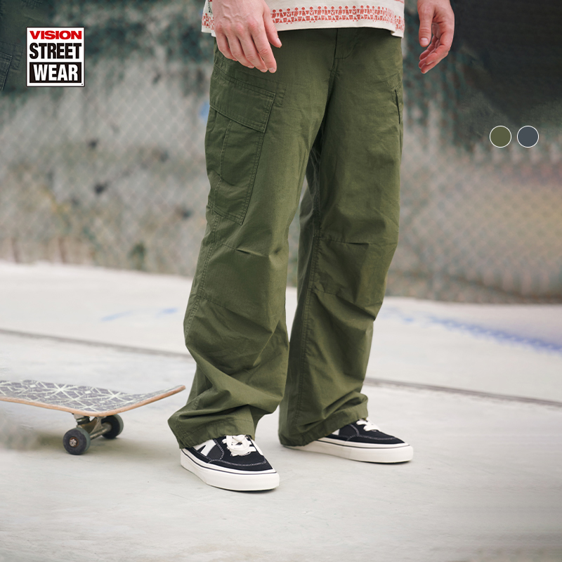 VISION官方 美式街头复古水洗做旧宽松双袋抽绳工装裤休闲长裤2色