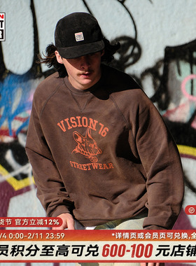 VISION官方 美式复古印花图案水洗做旧宽松圆领卫衣男女秋新款2色