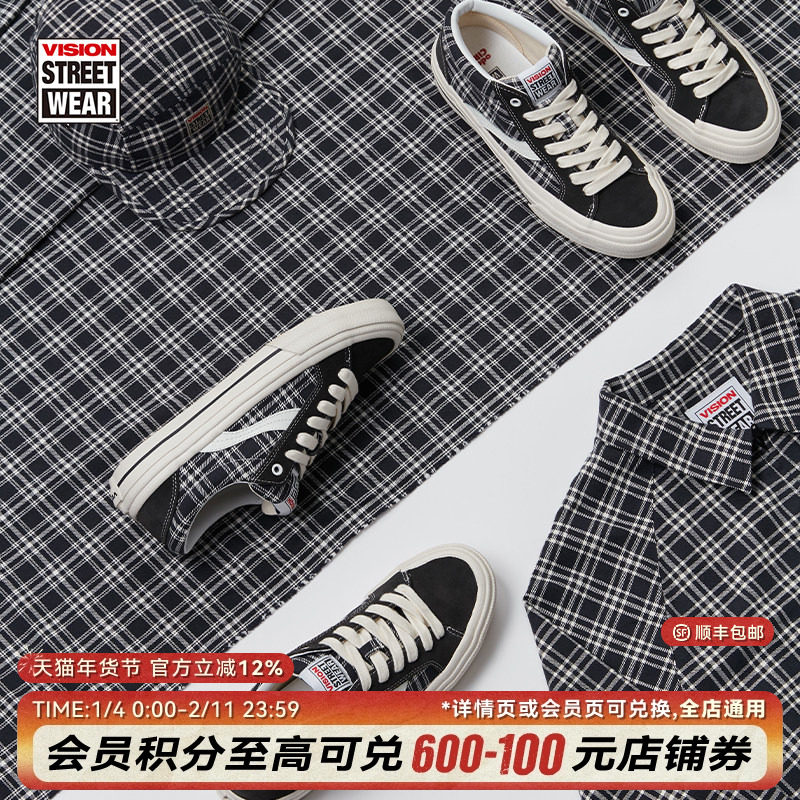 VISION X ODD ASTLEY PRO黑白格纹低帮翻毛皮帆布鞋滑板鞋男女