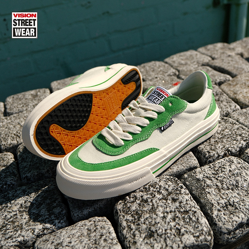 VISION官方 FLAT TOP灰绿色低帮经典翻毛皮帆布鞋男女街头滑板鞋