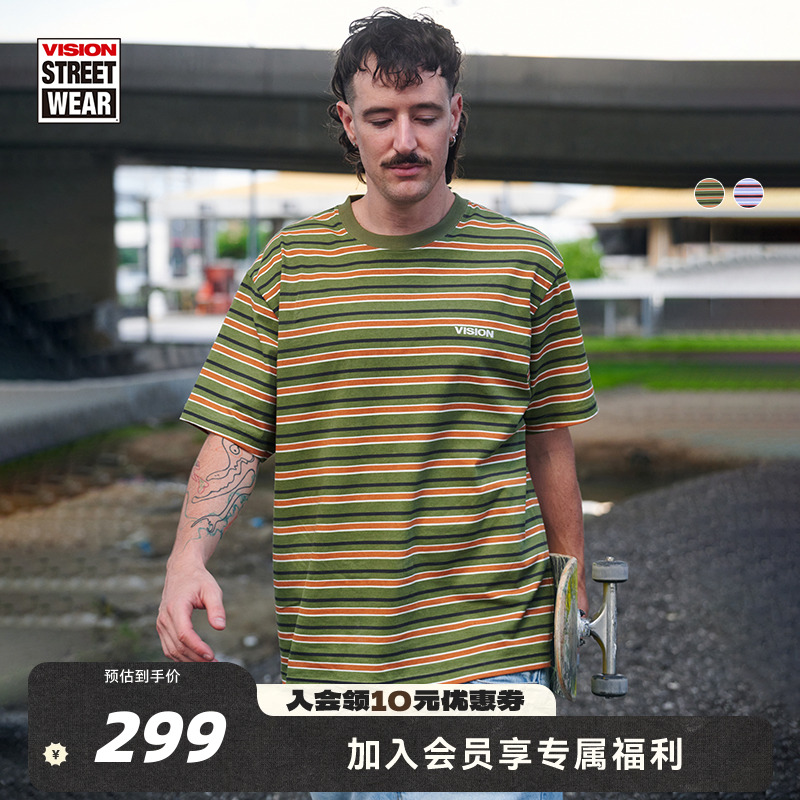 VISION官方 美式街头oldschool经典复古横条纹圆领短袖T恤2色男女