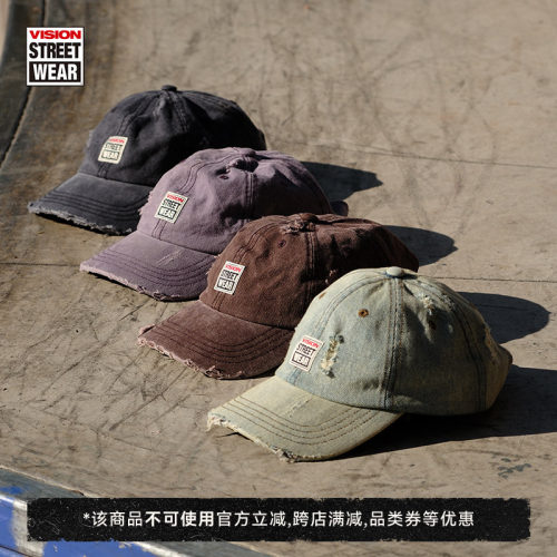 VISION官方 街头复古水洗做旧磨破软顶牛仔棒球帽鸭舌帽4色男女