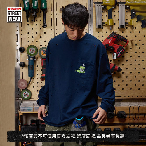 VISION×Hardware联名限定 复古PSYCHO印花破洞口袋圆领长袖T恤