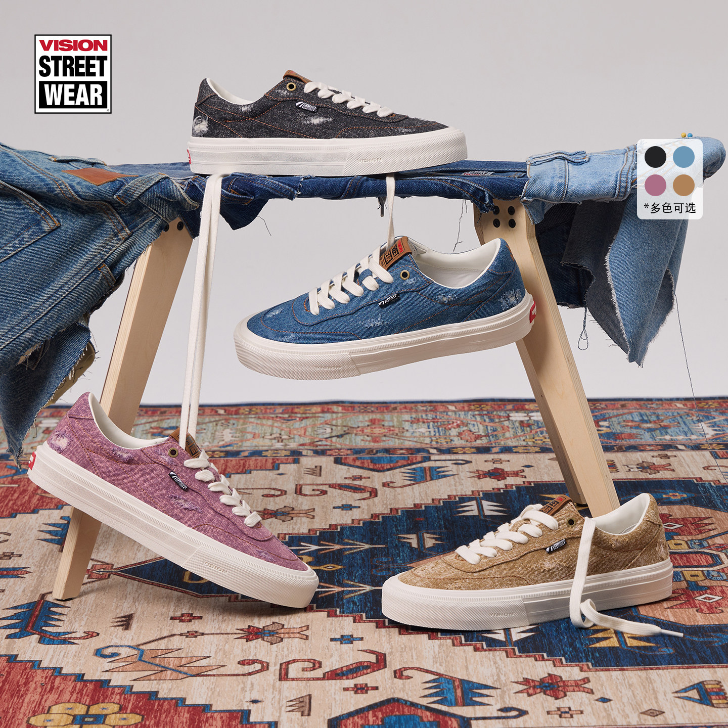 VISION官方 FLAT TOP丹宁系列黑牛低帮水洗磨破帆布鞋男女滑板鞋,运动鞋new,板鞋,淘宝优惠券,粉丝福利购,淘宝优惠卷