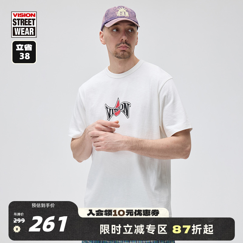 VISION官方 美式街头复古竹节棉复古logo印花圆领短袖T恤男女2色