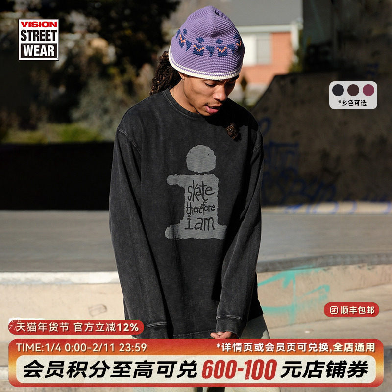 VISION官方 复刻系列印花美式复古做旧水洗圆领长袖T恤男女秋新款,运动服/休闲服装,运动T恤,淘宝优惠券,粉丝福利购,淘宝优惠卷