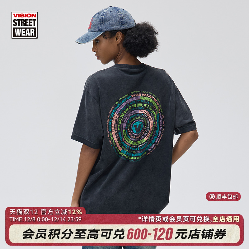 VISION官方 复刻历史美式街头做旧水洗宽松圆领运动短袖T恤男女