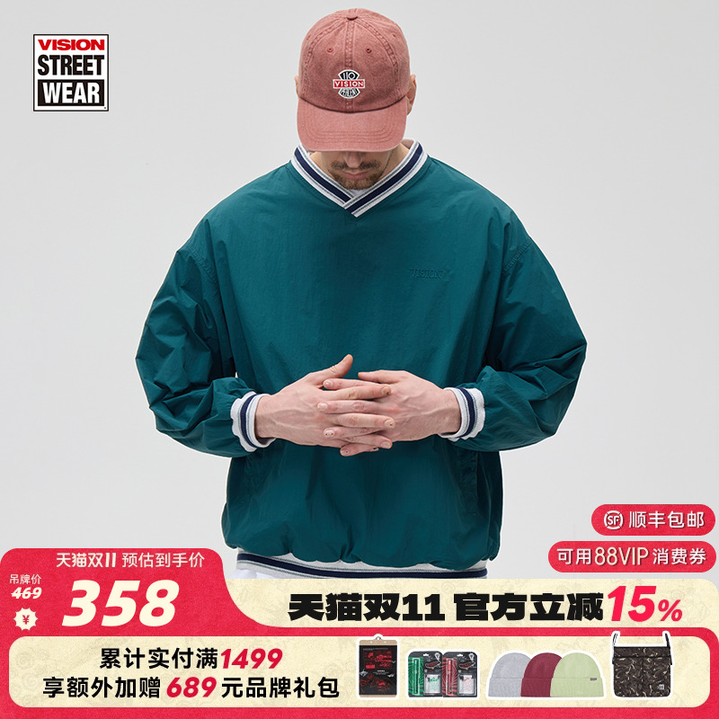 VISION官方 美式复古校园梭织V领套头卫衣复古球衣3色男女同款