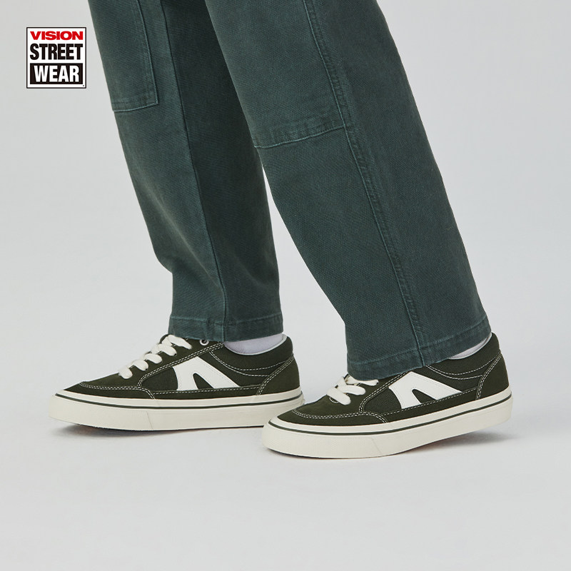 VISION官方  STICK复古墨绿色低帮翻毛皮帆布鞋男女街头运动板鞋