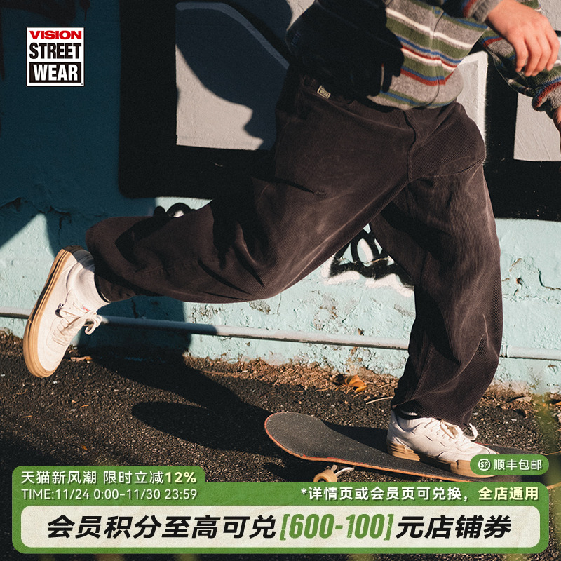 VISION官方 美式复古水洗做旧灯芯绒宽松工装裤长裤男女秋新款2色