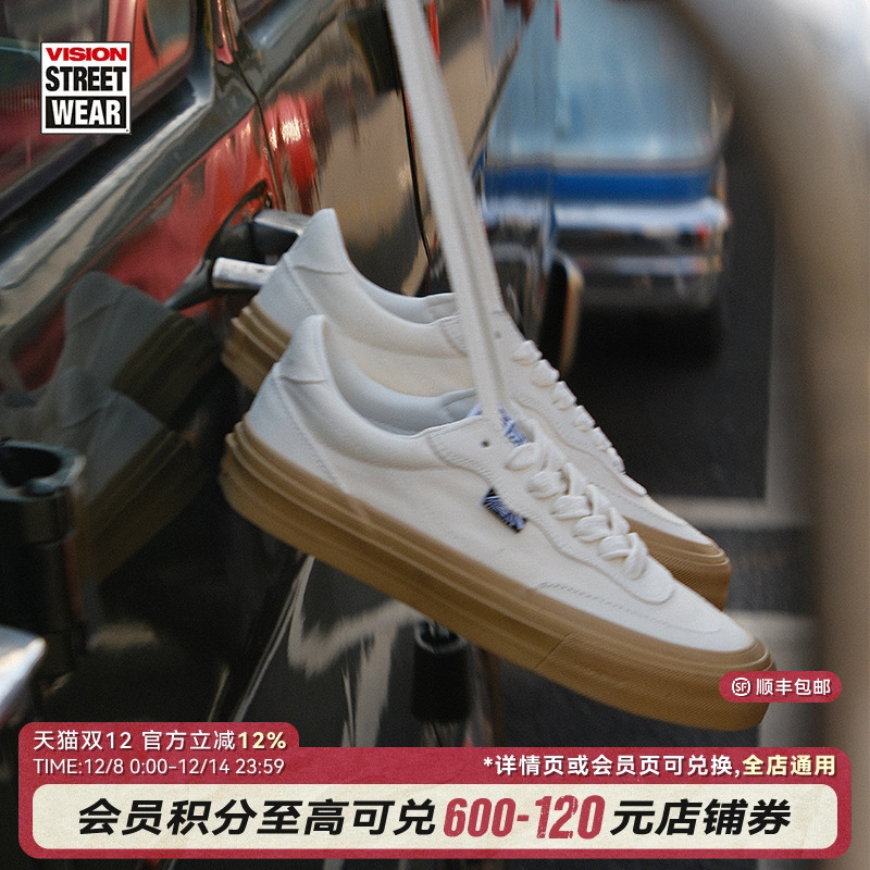 VISION官方  FLAT TOP米白色低帮翻毛皮帆布鞋男女街头运动滑板鞋
