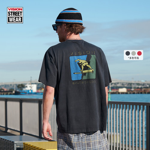 VISION官方 复刻系列SKATE DESIGNS水洗做旧印花圆领短袖T恤