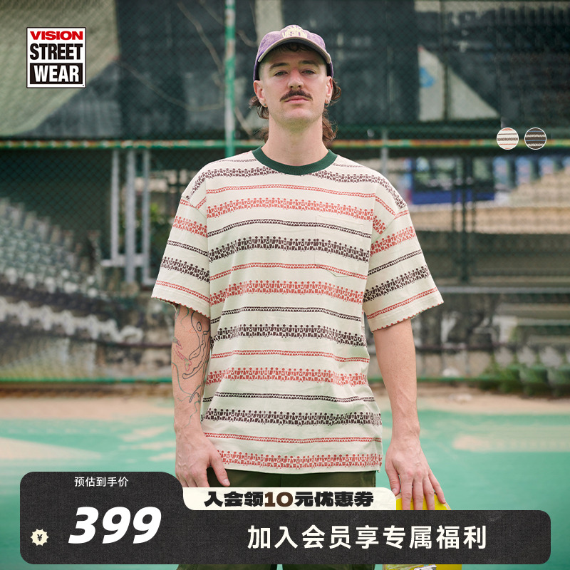 VISION官方 美式复古街头炒洗做旧条纹圆领套头短袖T恤男女同款