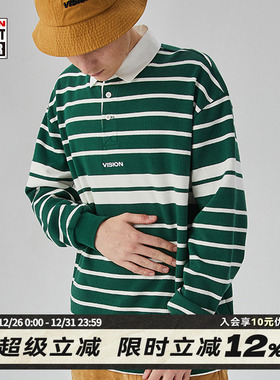 VISION复古街头绿色条纹长袖POLO衫男女同款春秋季潮流上衣