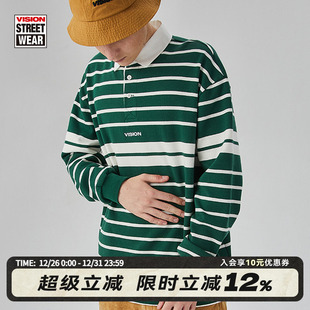 春秋季 男女同款 潮流上衣 POLO衫 VISION复古街头绿色条纹长袖