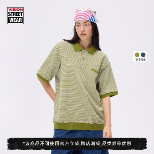 VISION官方 复古美式条纹撞色麦穗针织短袖Polo衫
