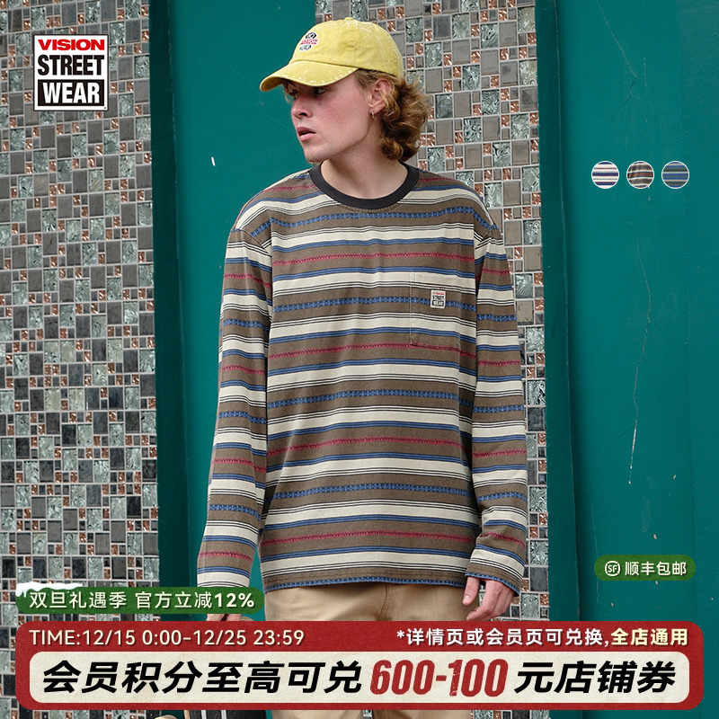 VISION官方 美式复古街头炒洗做旧条纹圆领套头长袖T恤男女同款