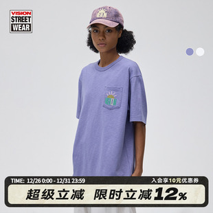 T恤2色男女同款 街头复古竹节棉宽松圆领口袋短袖 美式 VISION官方