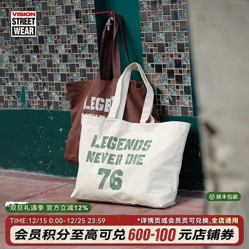 VISION官方 Legends never die街头复古大容量重磅帆布托特包