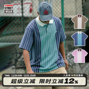 提花刺绣Polo衫 条纹撞色休闲短袖 男女夏多色 复古美式 VISION官方