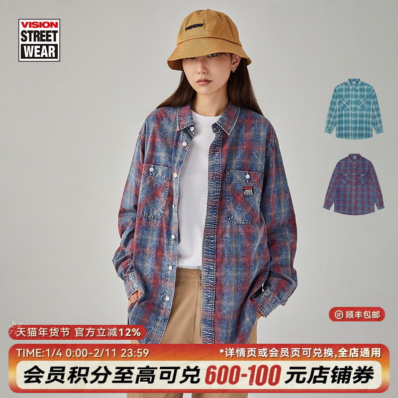 VISION官方  美式复古街头水洗做旧格纹工装长袖衬衫外套男女,运动服/休闲服装,运动茄克/外套,淘宝优惠券,粉丝福利购,淘宝优惠卷