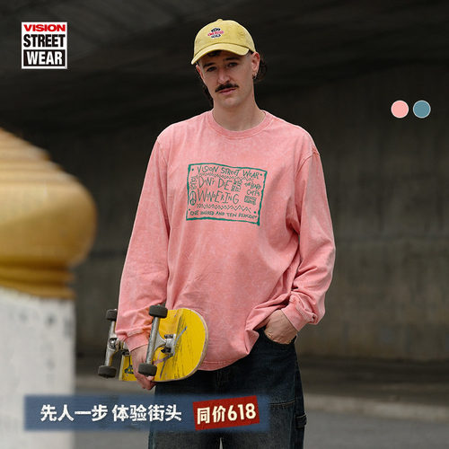 VISION官方 街头复古做旧炒雪花圆领长袖T恤复刻历史图案男女同款