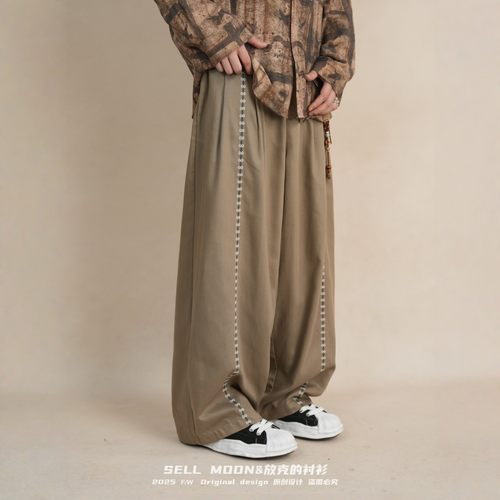 复古条纹碎花刺绣直筒休闲裤
