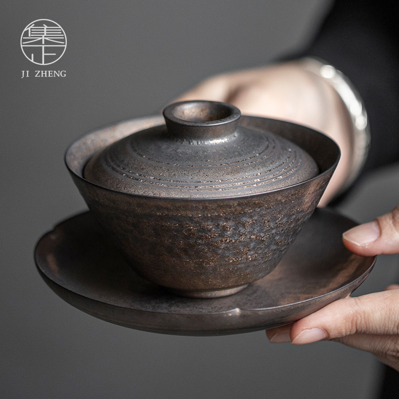 集正三才盖碗复古薄胎铁锈泡茶碗