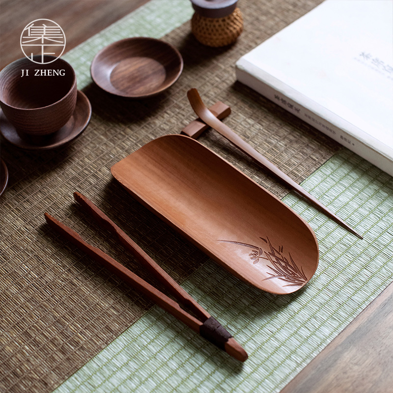 集正 茶则四件套老竹制梅兰竹菊茶荷茶夹赏茶勺茶拨茶艺茶道零配