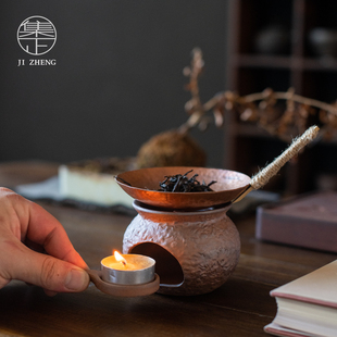 集正 手工锤纹竹柄紫铜烤茶盘 茶空间茶道焙茶配件茶艺茶叶提香器